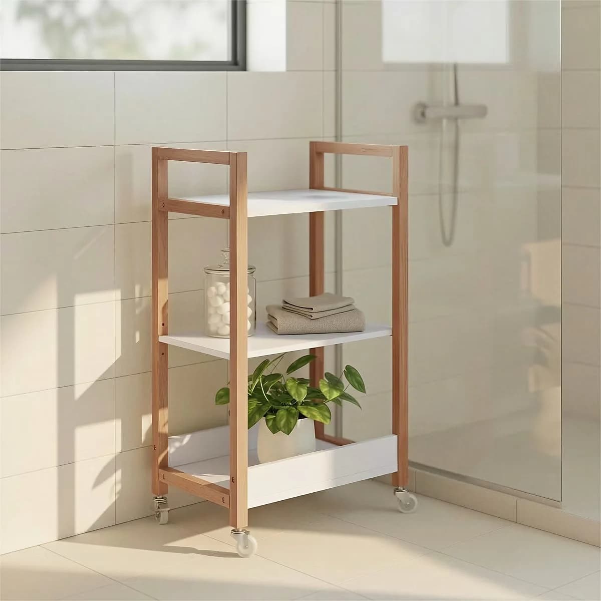 Detail tablettes blanches trolley rangement bain