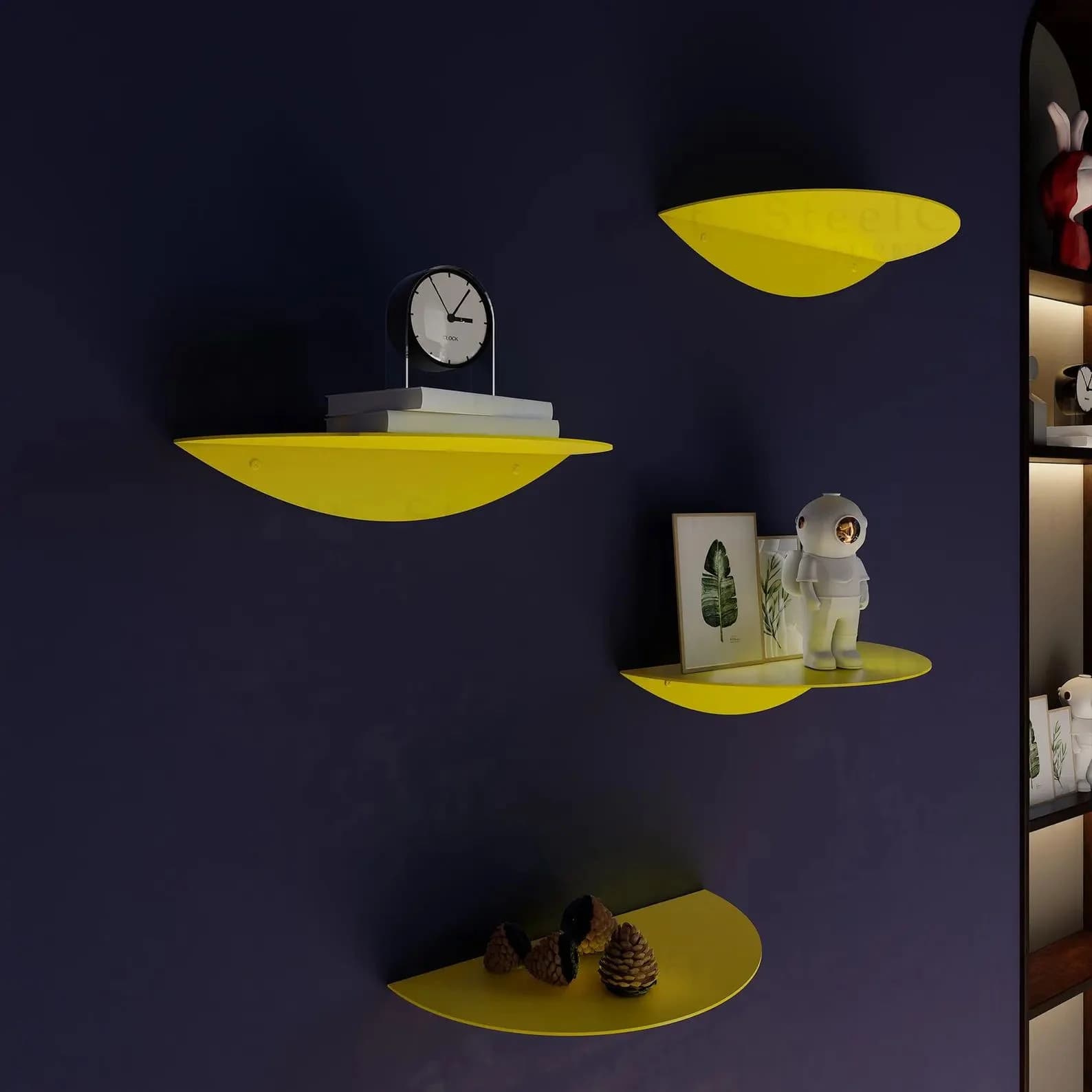 Set 3 étagères murales demi-lune métal jaune moutarde