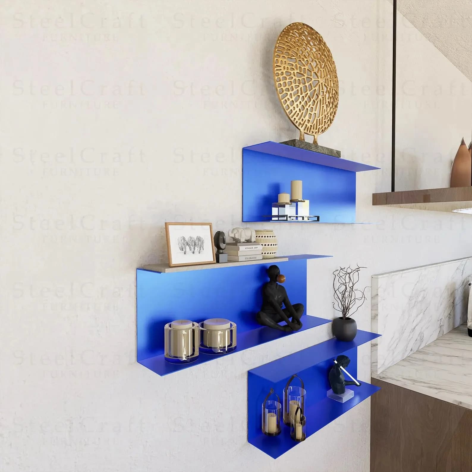 Set etageres murales en L bleu cobalt - vue ensemble 3 tailles