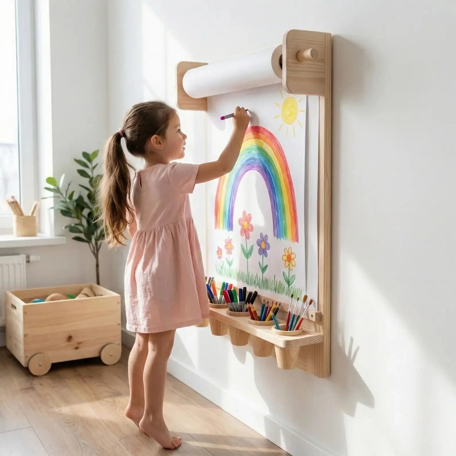 Tableau activites artistiques mural bois naturel enfant vue generale