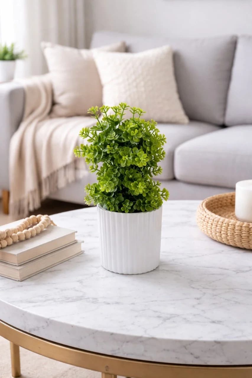 Plante artificielle verte dans pot ceramique blanc strie vue principale