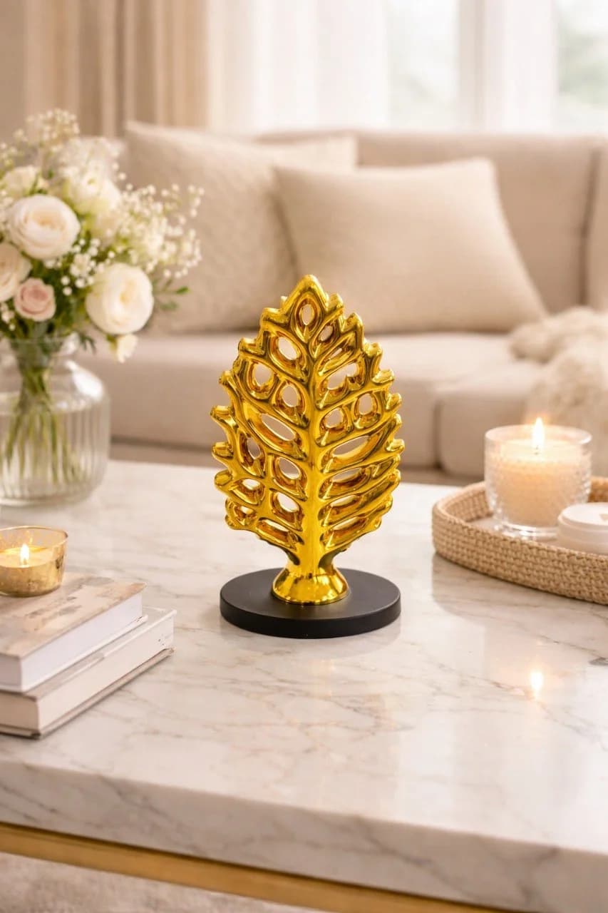 Sculpture décoration feuille résine dorée vue principale