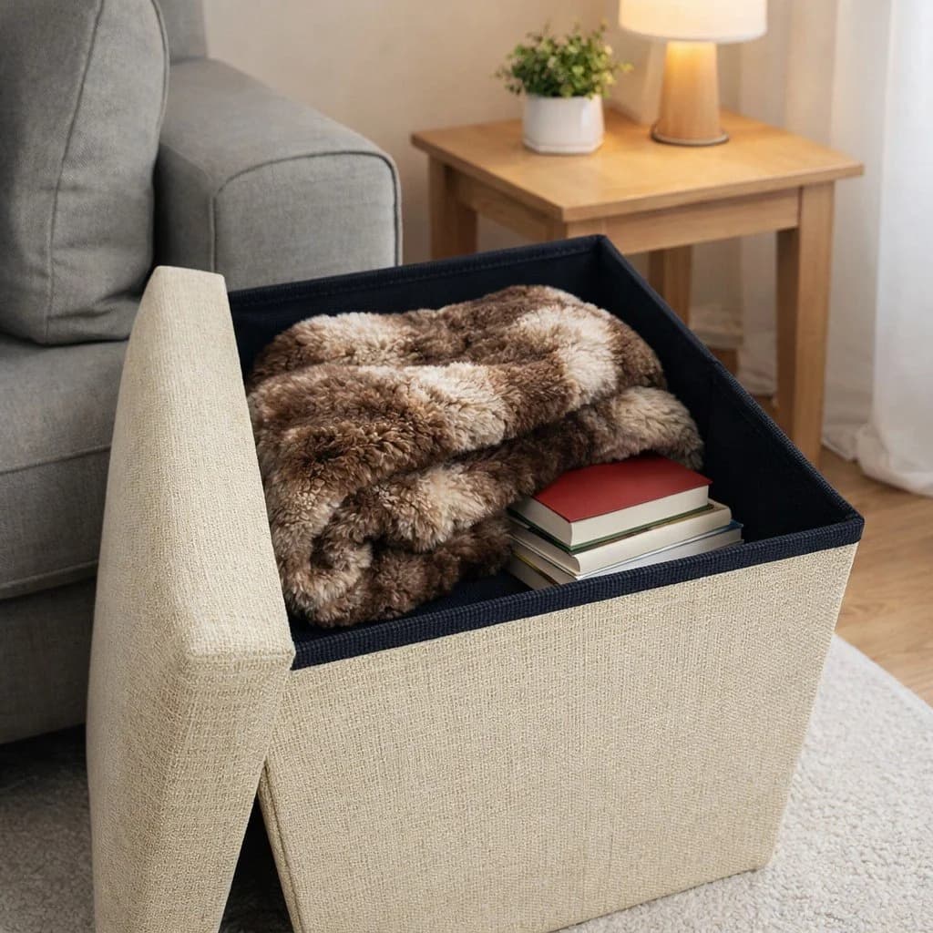Pouf coffre ouvert montrant le rangement intérieur