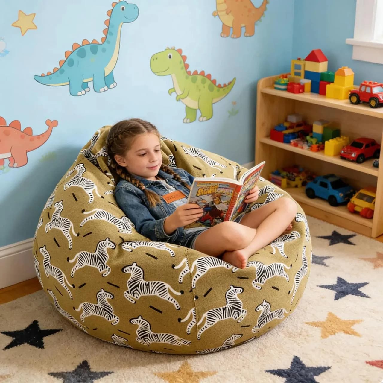 Pouf enfant dinosaure motif coloré - vue assise