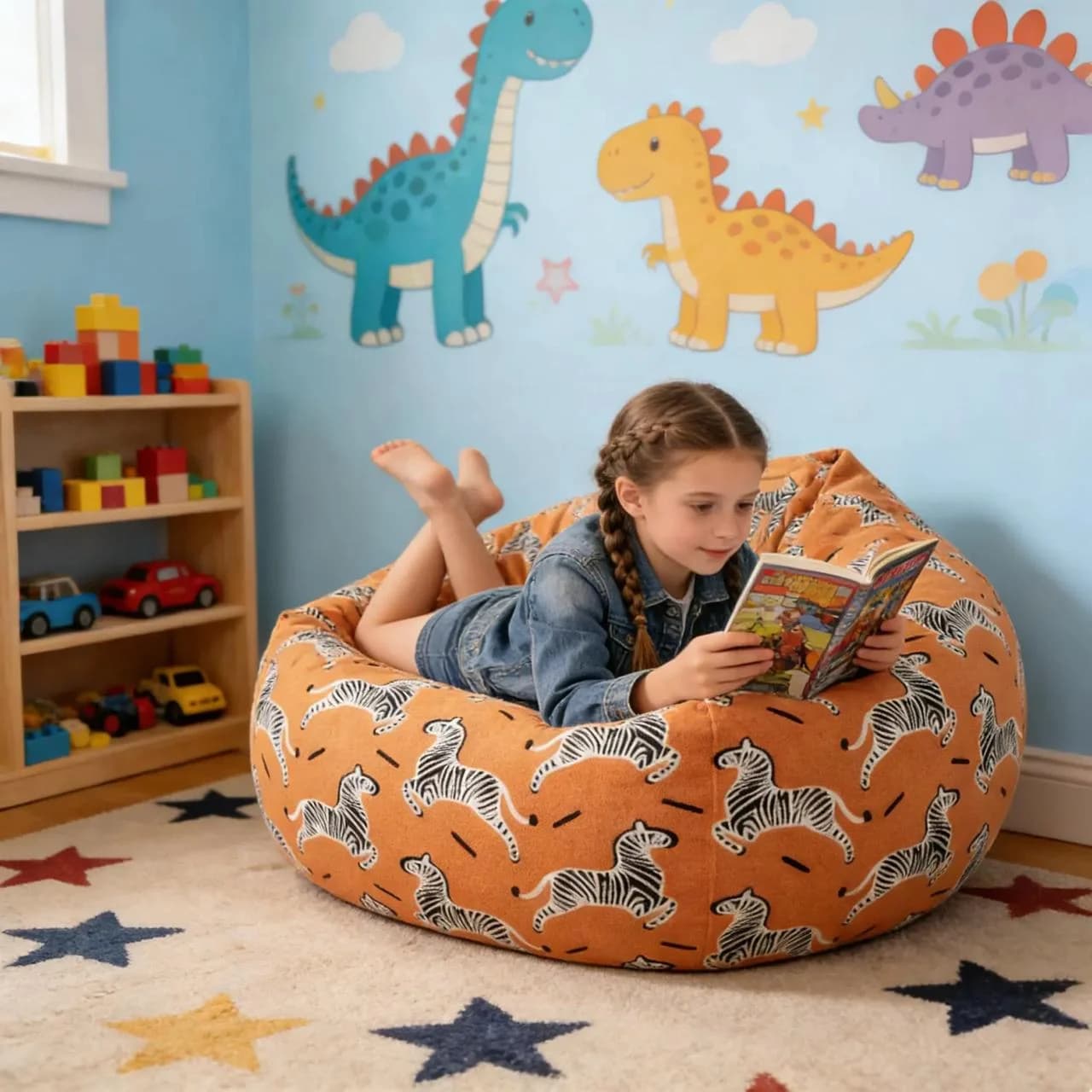 Pouf enfant dinosaure orange - perspective jeu
