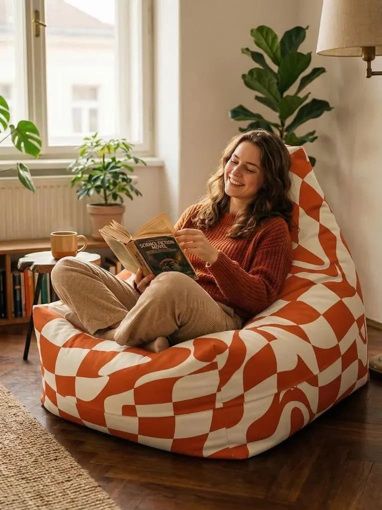 Pouf poire motif échiquier rouge et blanc