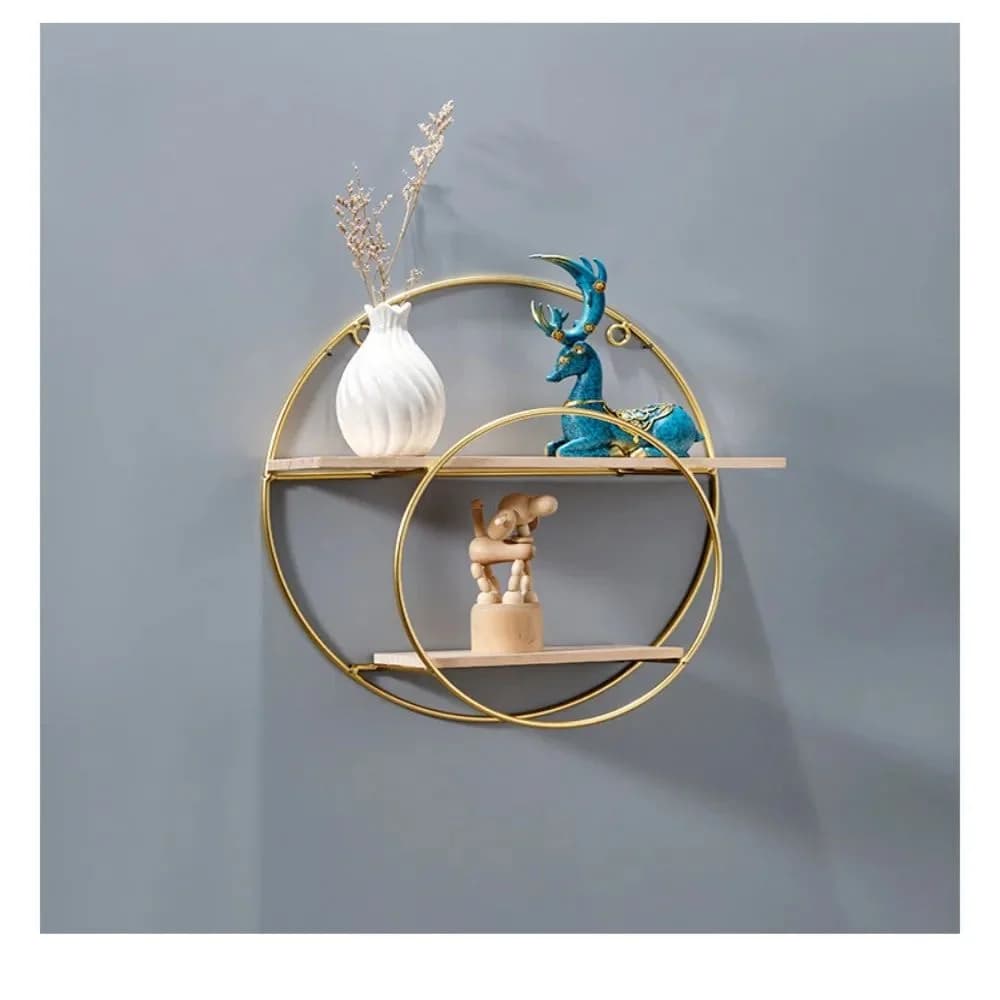 Etagere cercles dores detail tablette bois vue de face