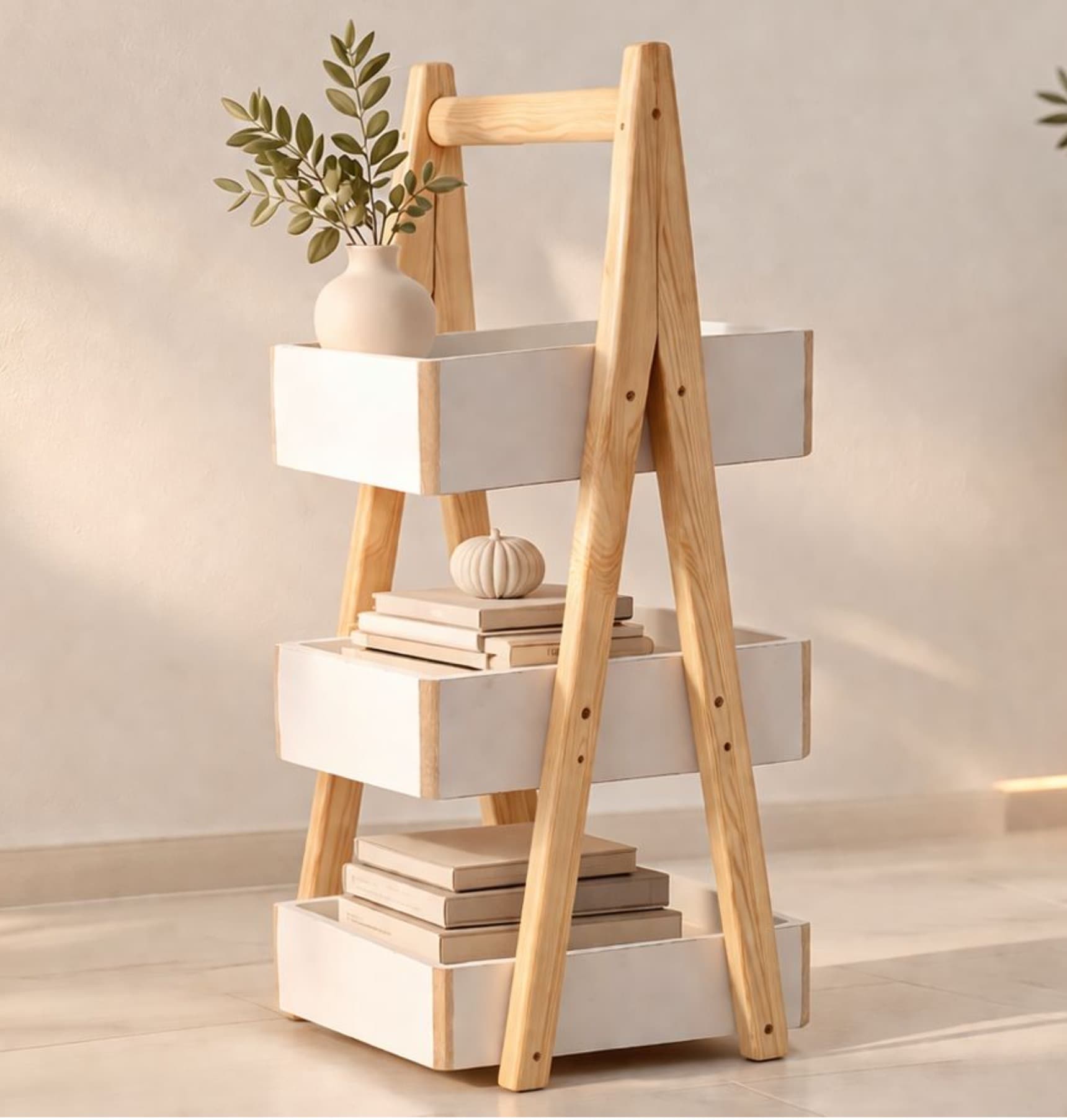Étagère Échelle Rangement 3 Niveaux Bois & MDF